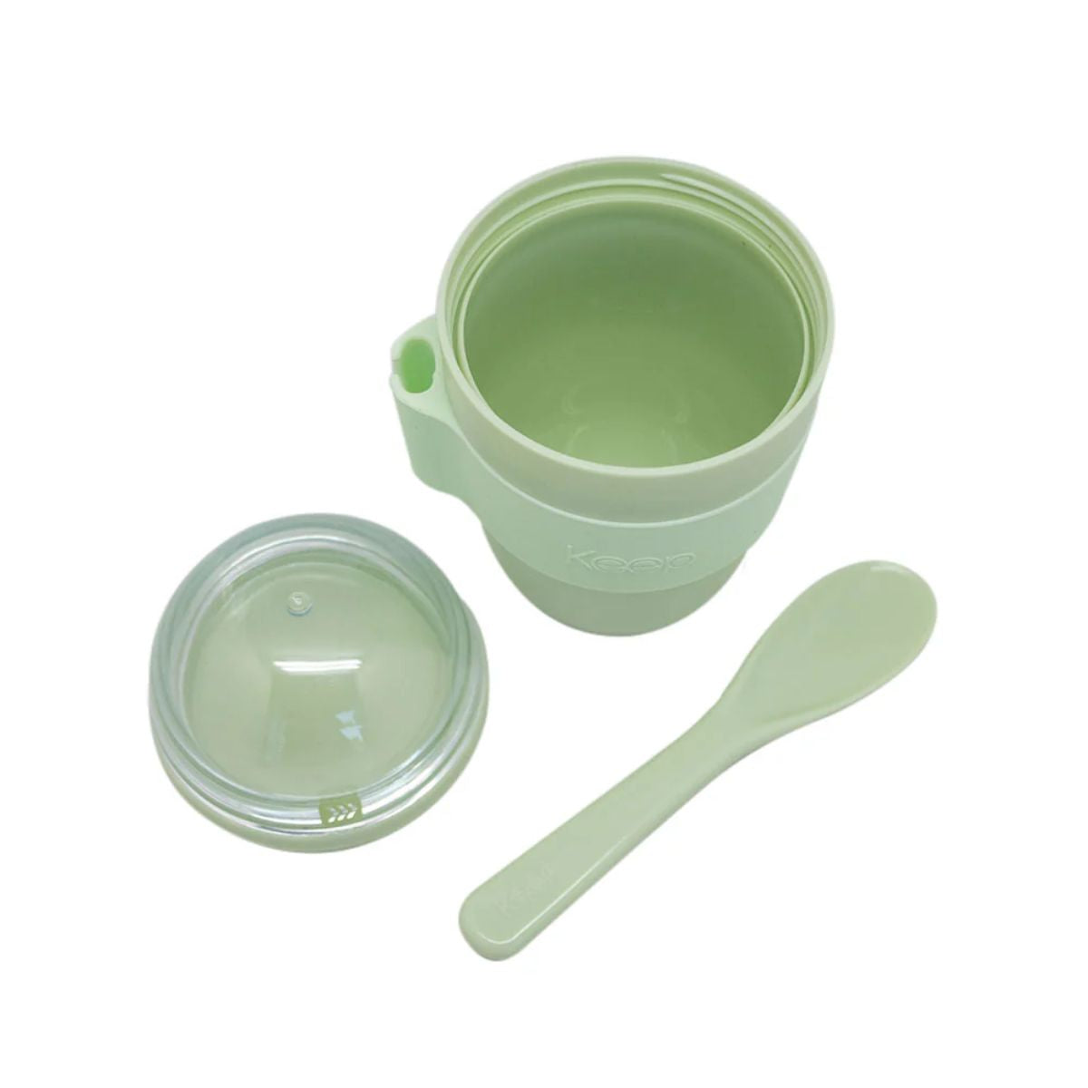 Vaso para Yogurt y Cereal Keep 330ml con Cuchara verde menta 3 piezas fondo blanco