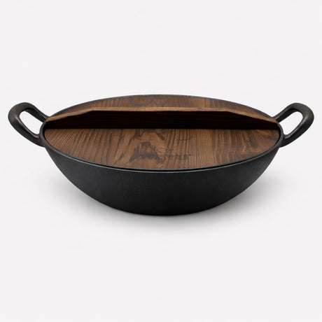 wok hierro fundido wayu tapa madera cocina iron cast