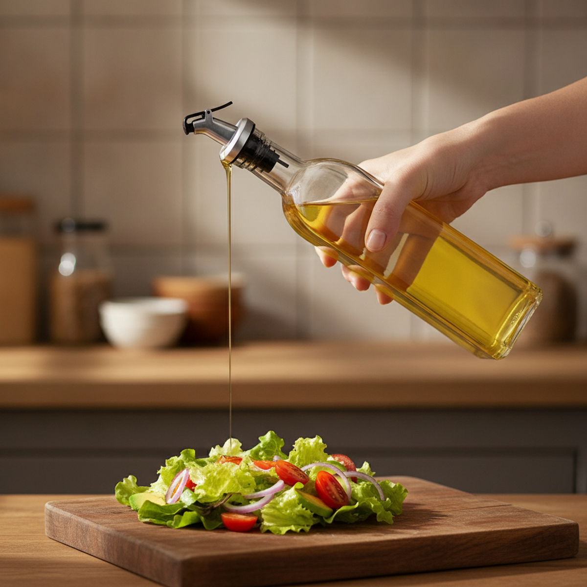 Mano usando aceitera vidrio vertiendo aceite sin goteo cocina chilena