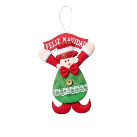 Adorno navideño colgante duendesito rojo verde 28cm vista frontal pack 2