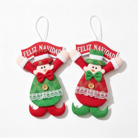 Adorno navideño colgante duendesito rojo verde 28cm vista frontal pack 2