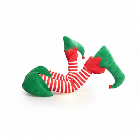 Adorno navidad patas elfo duende zapatos verdes medias rayas vista frontal fondo blanco