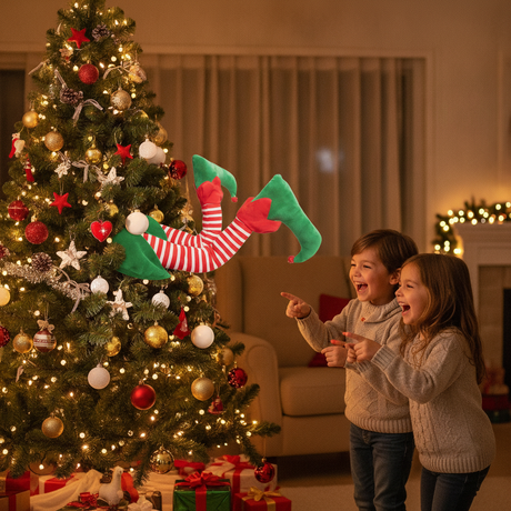 Patas elfo duende decoracion arbol navidad living chileno niños riendo