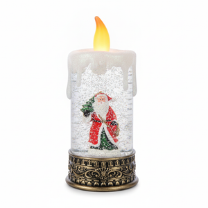 Adorno navideño vela viejito pascuero musical LED glitter vista frontal fondo blanco