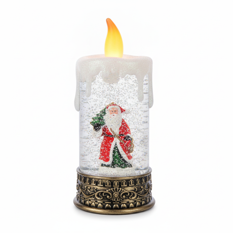 Adorno navideño vela viejito pascuero musical LED glitter vista frontal fondo blanco