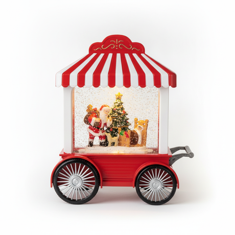 Adorno navideño carrito Viejito Pascuero luz musical USB vista frontal fondo blanco