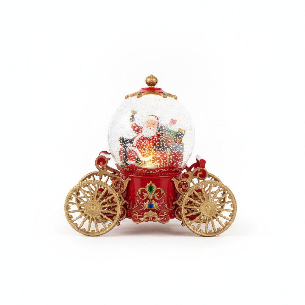 Adorno navideño carruaje Viejito Pascuero bola nieve musical luz USB vista frontal