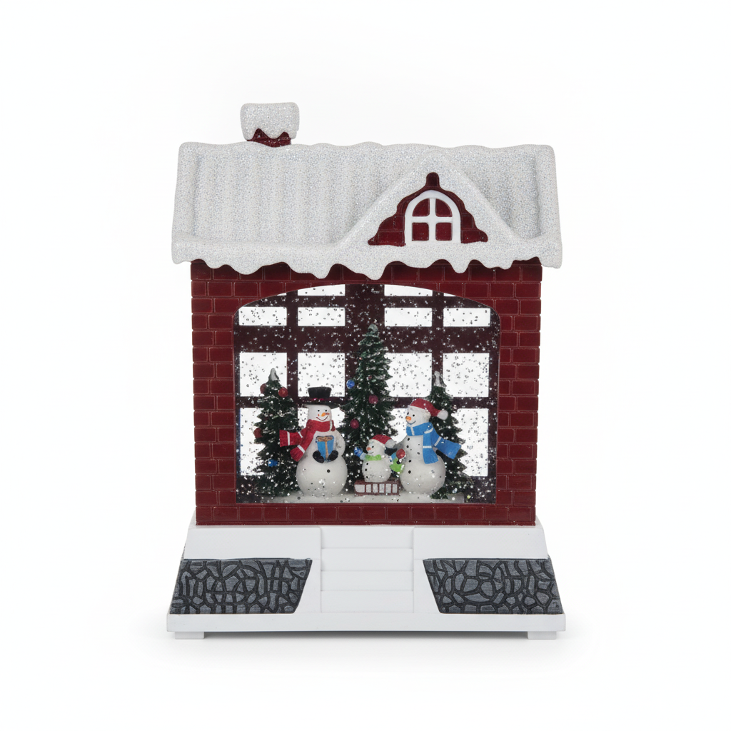 Adorno navideño casa mono nieve musical luz USB vista frontal fondo blanco