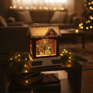 Farol navideño casa mono nieve encendido repisa living hogar chileno