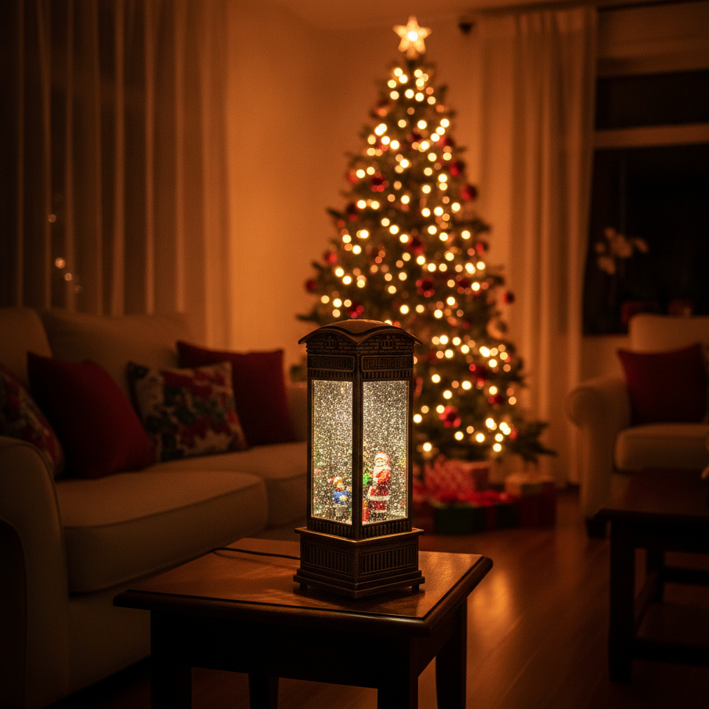 Linterna navideña caseta telefónica decorando living chileno en navidad