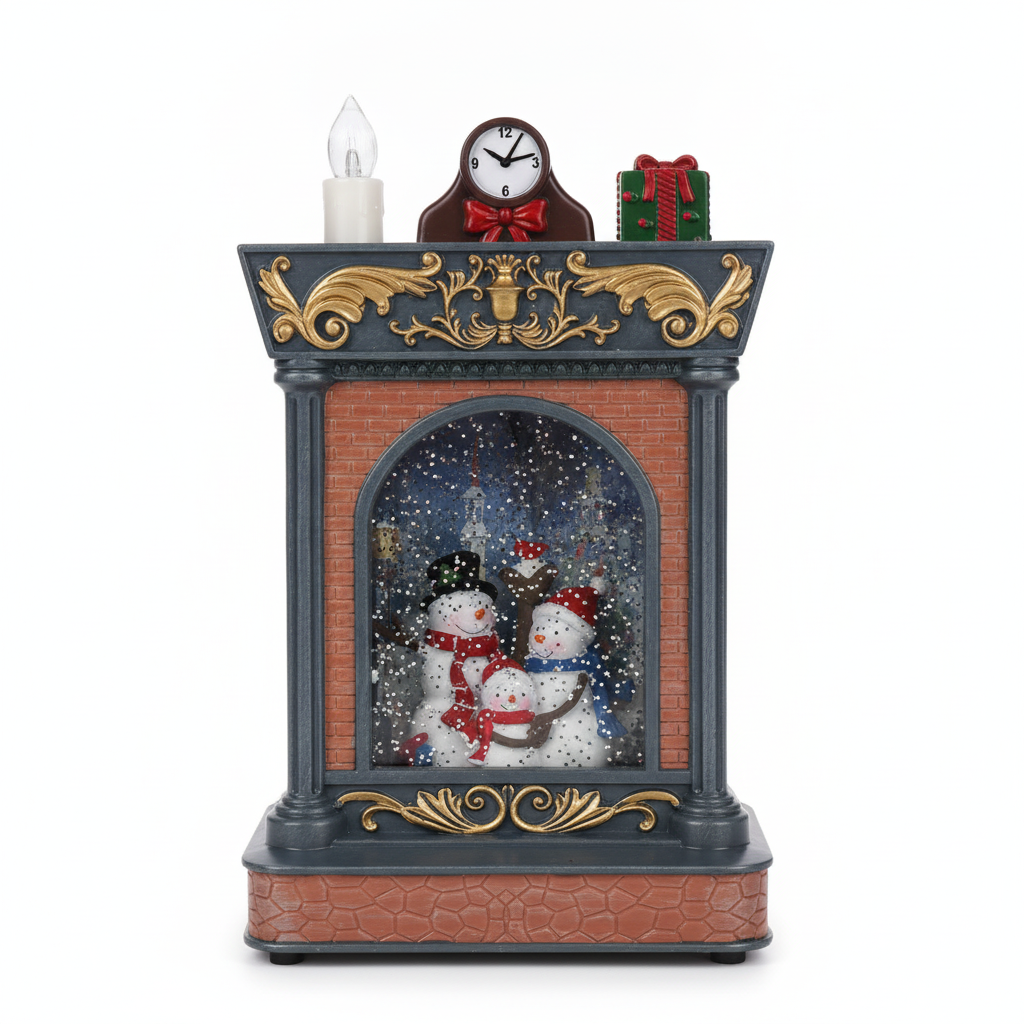 Adorno navideño chimenea muñecos nieve musical USB vista frontal
