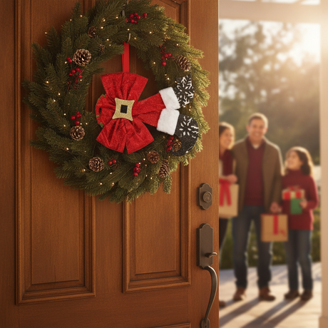 Adorno moño navideño rojo colgado en puerta principal hogar chileno