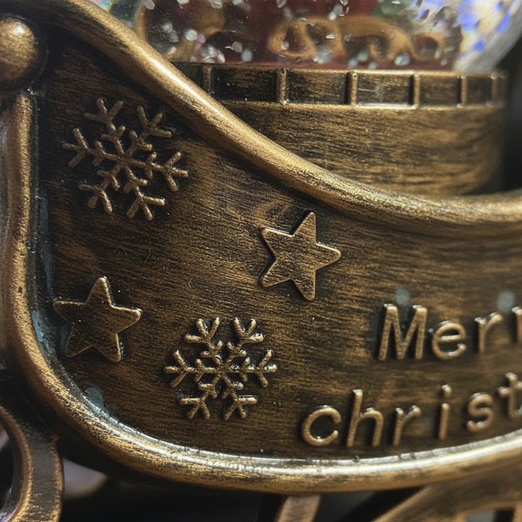 Detalle acabado bronce envejecido base trineo navideño copos nieve relieve