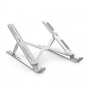 Alzador notebook aluminio plegable soporte elevador escritorio vista frontal fondo blanco