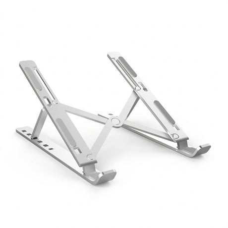 Alzador notebook aluminio plegable soporte elevador escritorio vista frontal fondo blanco