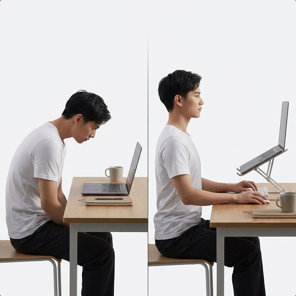 Profesional chileno usando soporte elevador notebook aluminio postura ergonomica