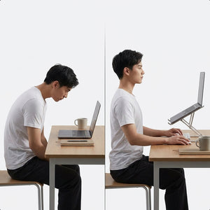 Profesional chileno usando soporte elevador notebook aluminio postura ergonomica