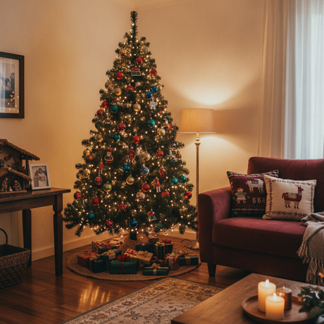 Árbol navidad artificial 150cm decorado en living chileno con adornos y luces