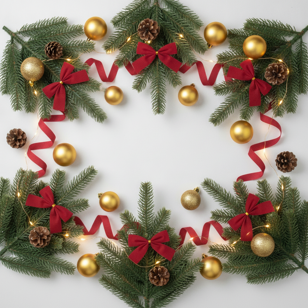 Flat lay ramas árbol navidad artificial con adornos bolas doradas y cintas rojas