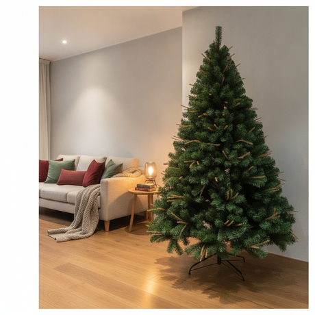 Árbol Navidad artificial 180cm decorado en living moderno chileno