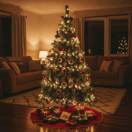Arbol navidad artificial 210cm decorado living hogar chileno nocturno