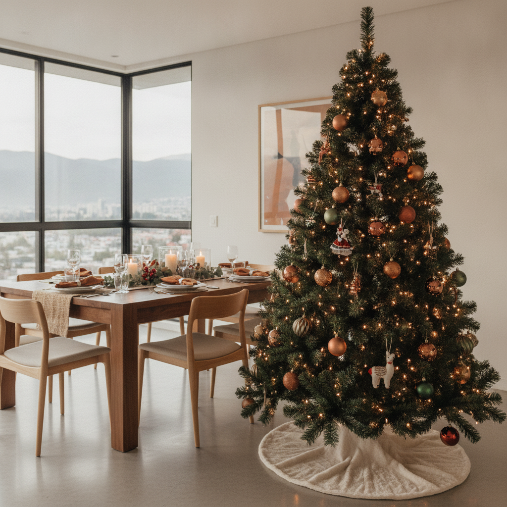 Árbol navideño artificial grande 210cm en comedor hogar chileno decoración festiva