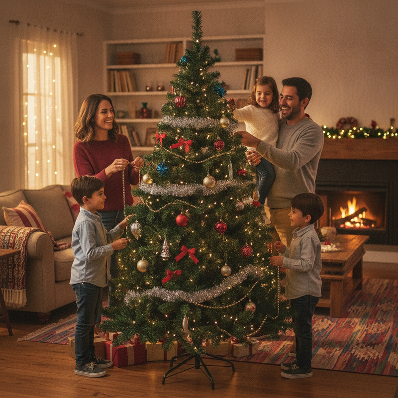 Familia chilena decorando arbol navidad artificial 210cm sala de estar
