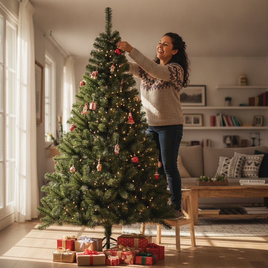 Mujer chilena decorando árbol navidad artificial frondoso 210cm en casa