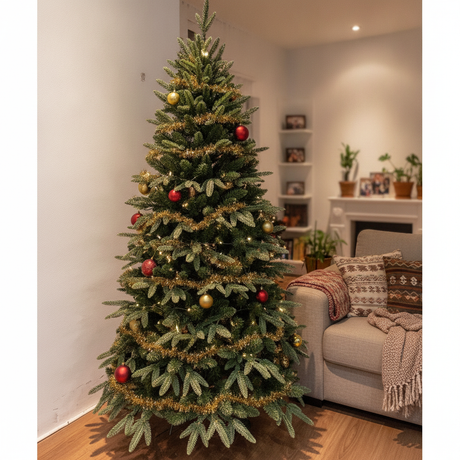 Árbol navidad artificial 150cm decorado en living chileno acogedor