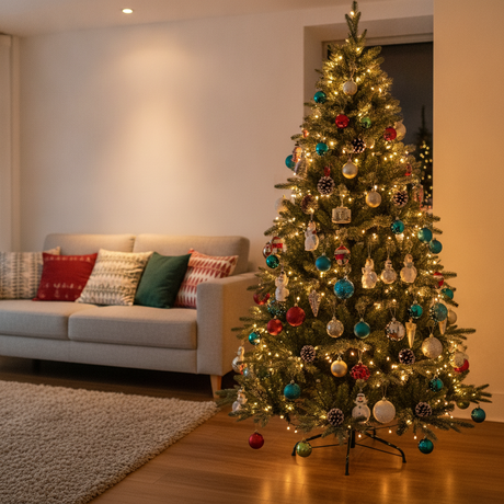 Árbol navidad artificial decorado living hogar chileno luces adornos navideños