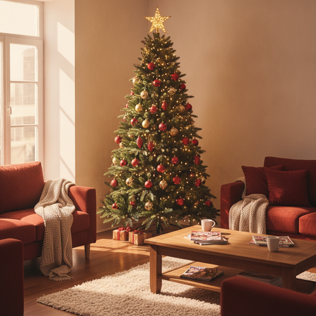 Arbol navidad artificial 210cm decorado con luces living chileno navidad