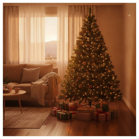 Árbol navidad artificial 210cm decorando living chileno con regalos