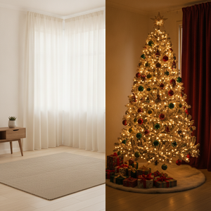 Mujer decorando arbol navidad nevado 180cm ramas frondosas hogar moderno