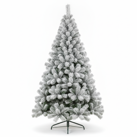 Árbol de navidad nevado artificial frondoso 180cm base metal vista frontal fondo blanco