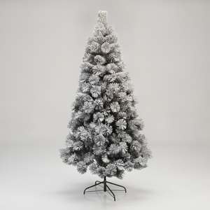 Árbol de Navidad artificial nevado 210cm base metálica vista frontal fondo blanco