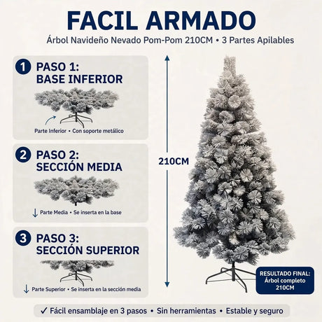 Árbol navideño nevado frondoso 210cm decorando living moderno chileno