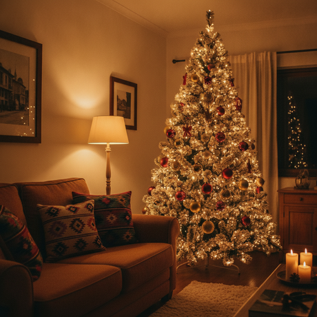 Árbol navidad nevado 210cm decorado con luces doradas en living chileno nocturno
