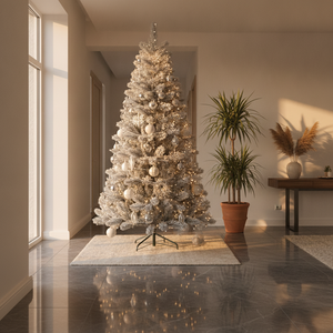 Árbol Navidad artificial nevado 240cm decorado en living chileno moderno