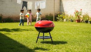 Asador kettle portátil rojo jardín familiar Chile día soleado barbecue