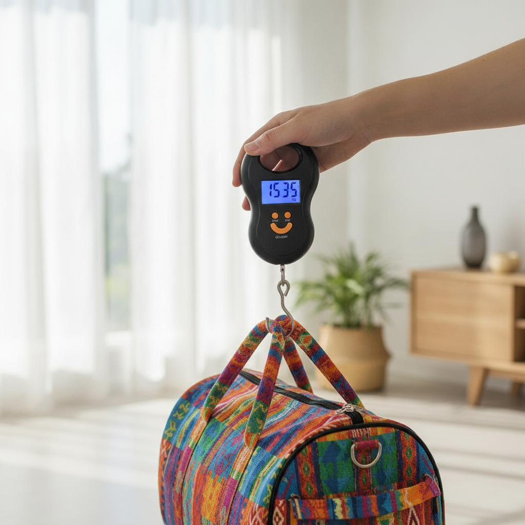Viajero chileno usando pesa digital maleta dormitorio