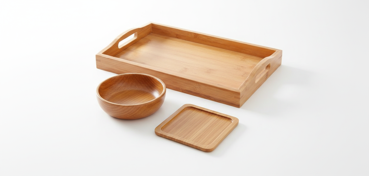 Bandeja rectangular madera cocina chilena con frutas y taza café