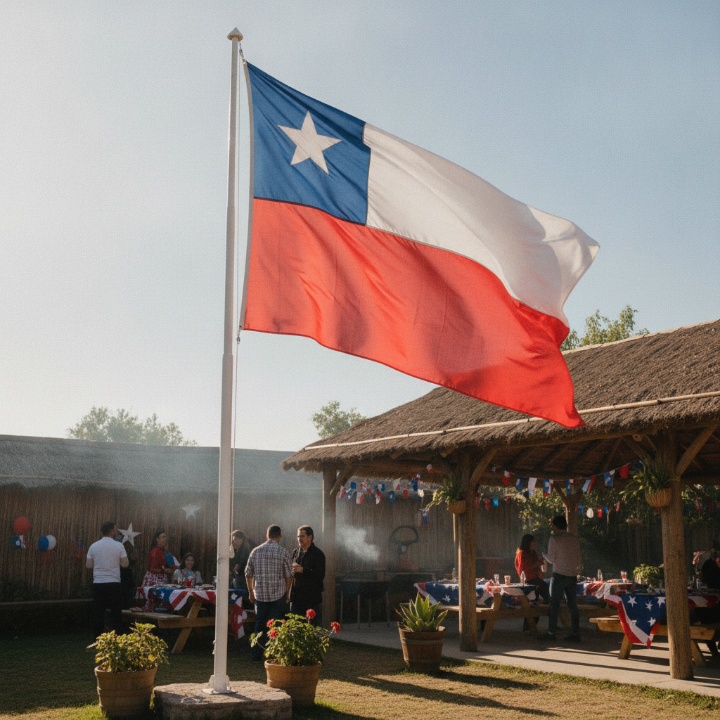 Bandera chilena gigante ondeando en mástil quincho Fiestas Patrias exterior