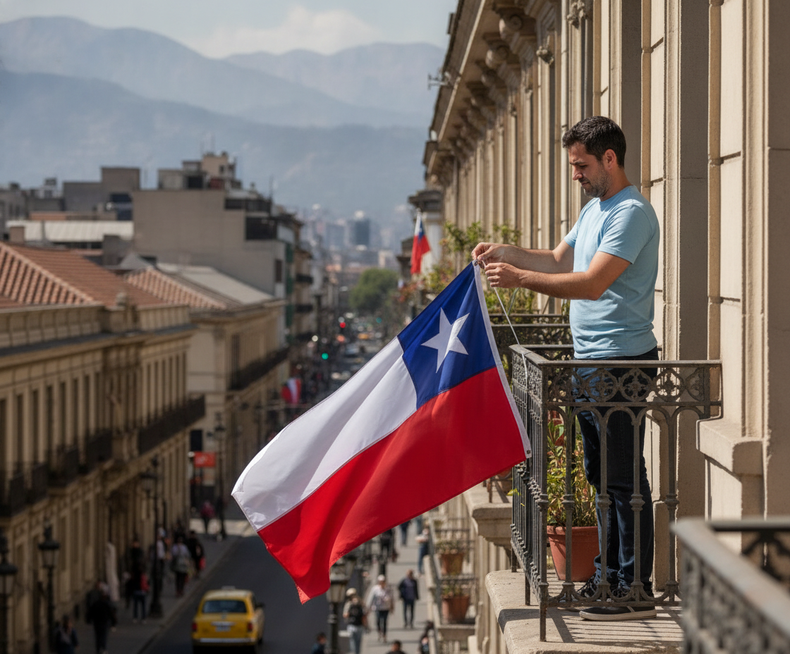Persona colgando bandera chilena fachada balcon barrio Santiago