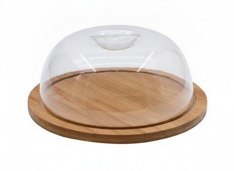 Base madera bambú 19cm con tapa domo transparente vista frontal fondo blanco