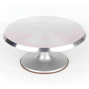 Base giratoria torta aluminio 25cm gris metálico vista frontal fondo blanco