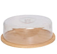 Base para tortas bambú 28cm con tapa acrílica transparente y pomo dorado vista frontal