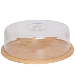 Base para tortas bambú 28cm con tapa acrílica transparente y pomo dorado vista frontal
