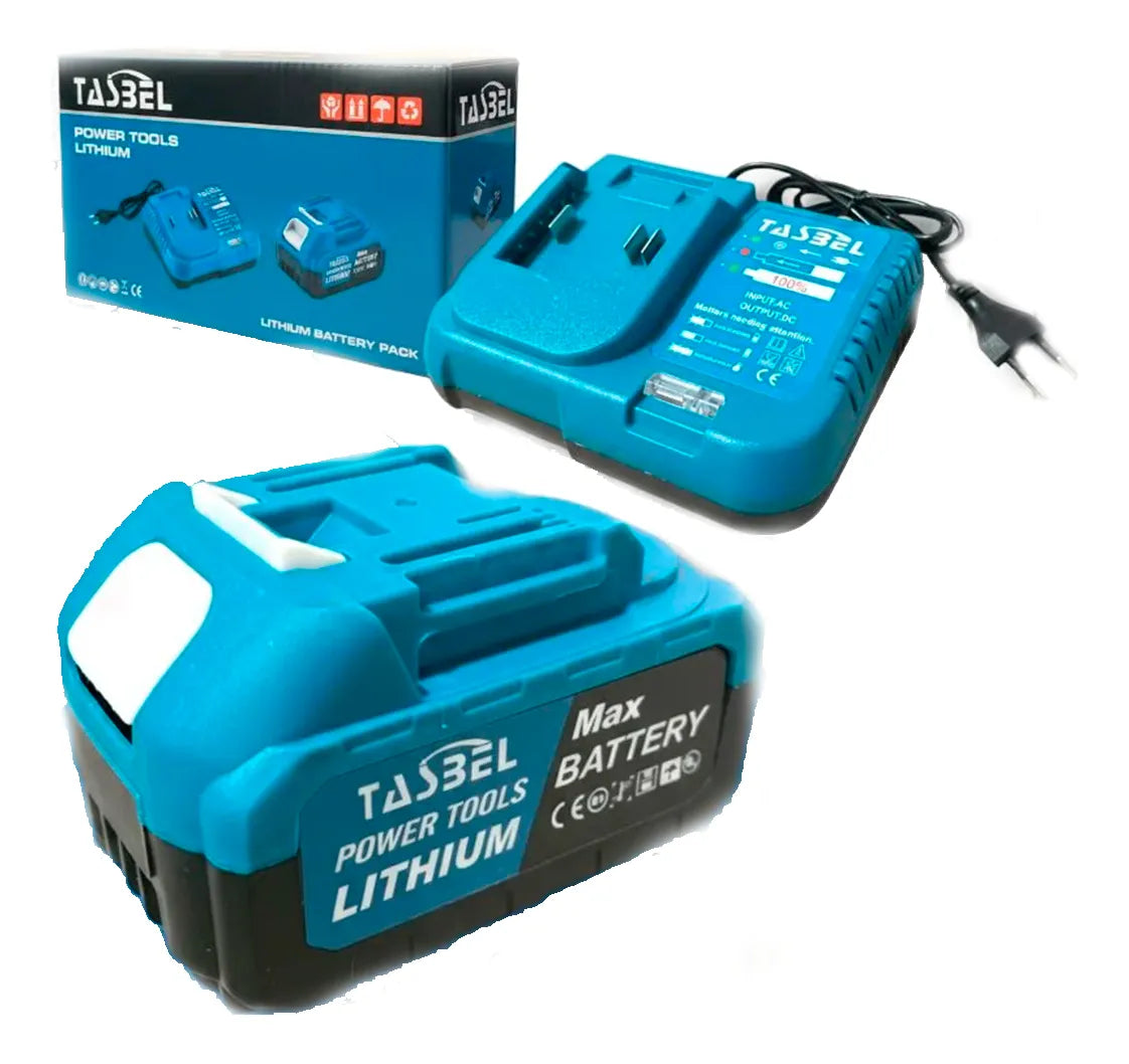 Batería litio Tasbel 21V 10Ah azul negro herramientas inalámbricas vista frontal