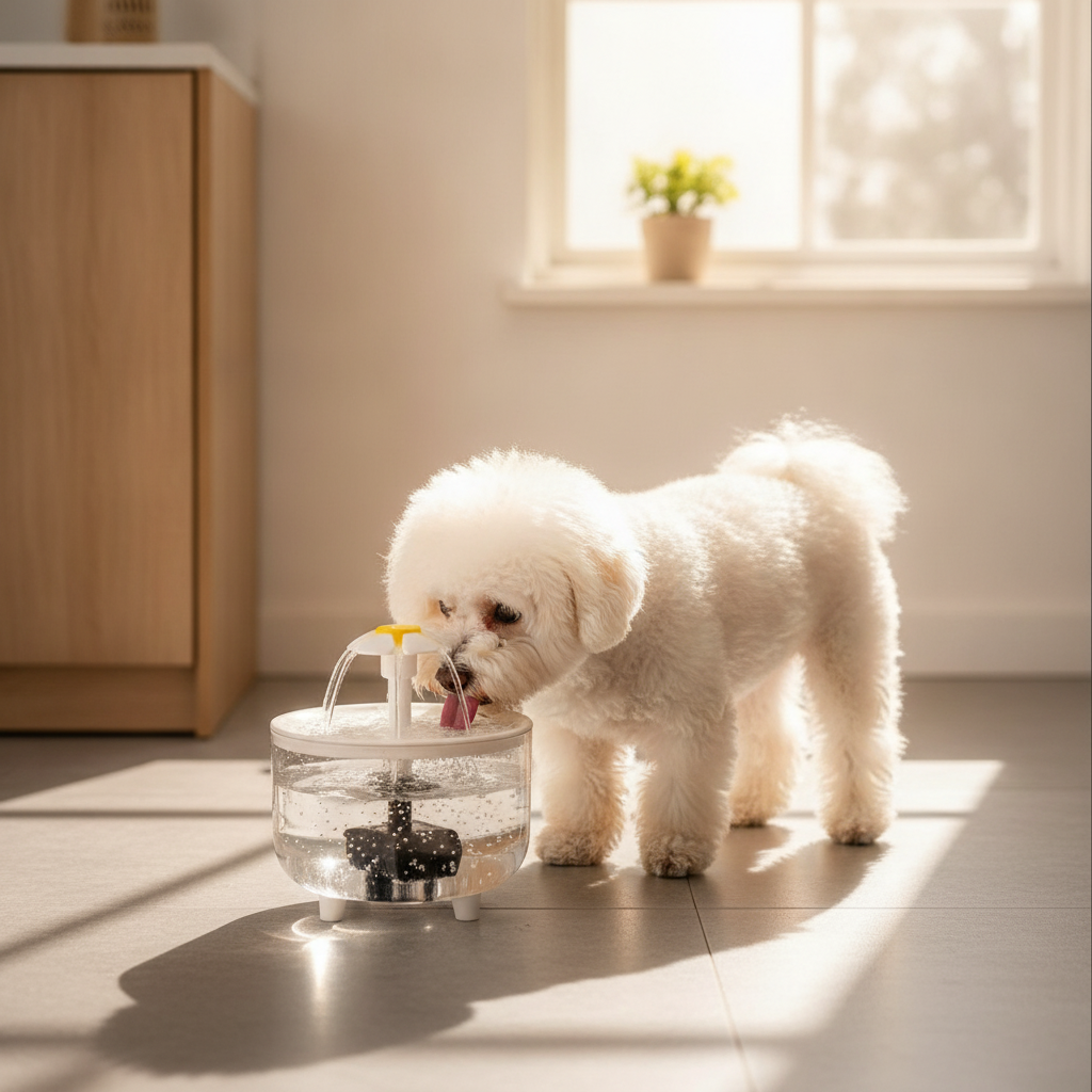 Perro pequeño usando dispensador agua eléctrico cocina hogar chile