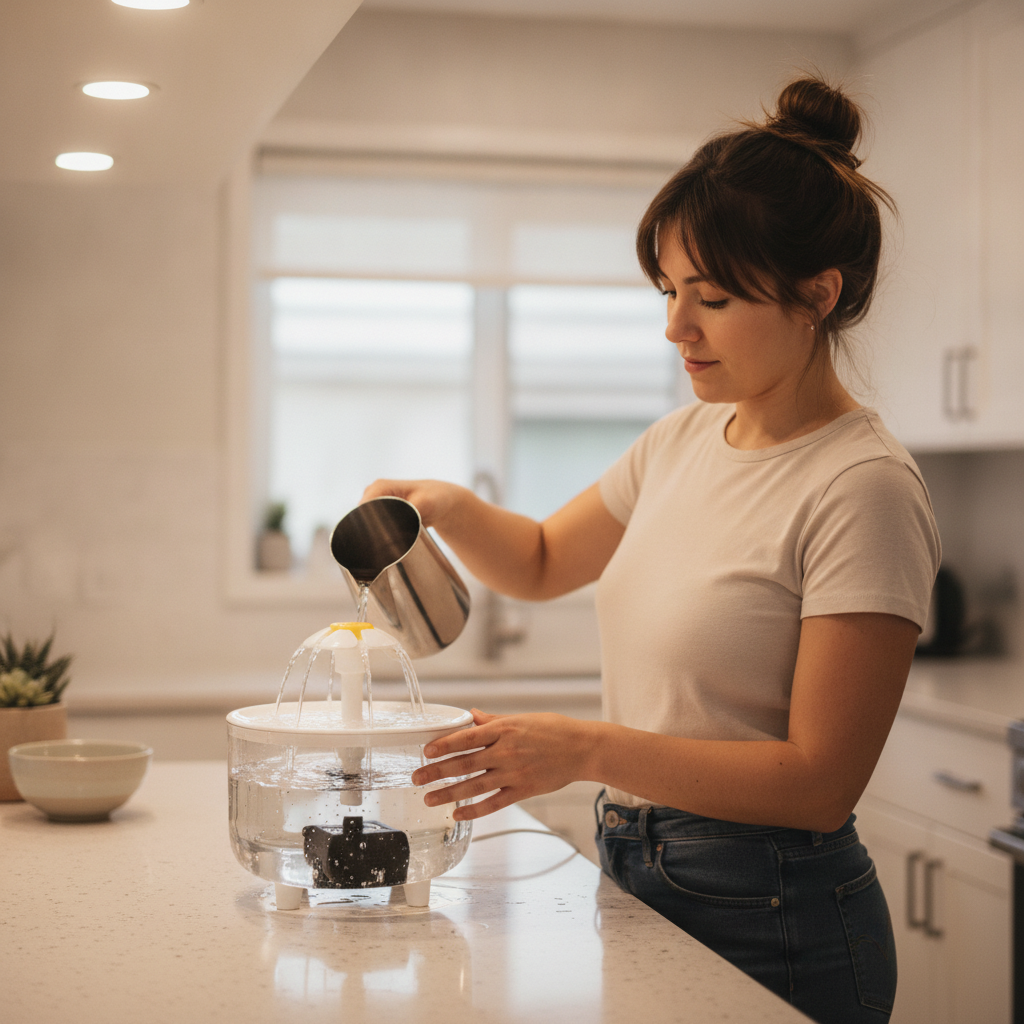 Mujer llenando bebedero automático mascotas cocina moderna chilena